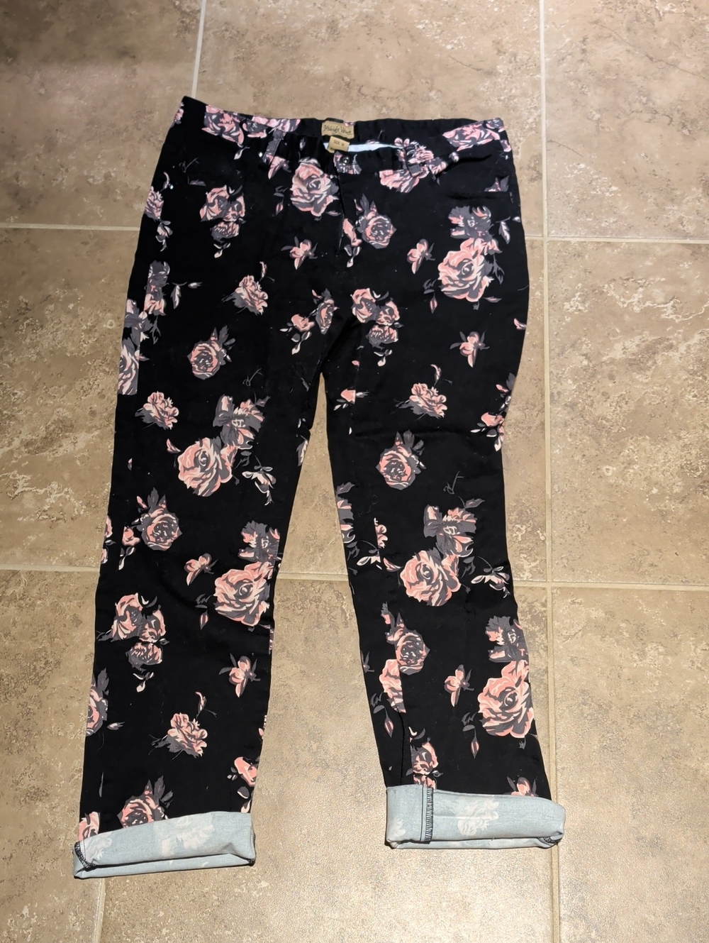 Midnight Velvet Black Ankle Pants with Pink Floral Print